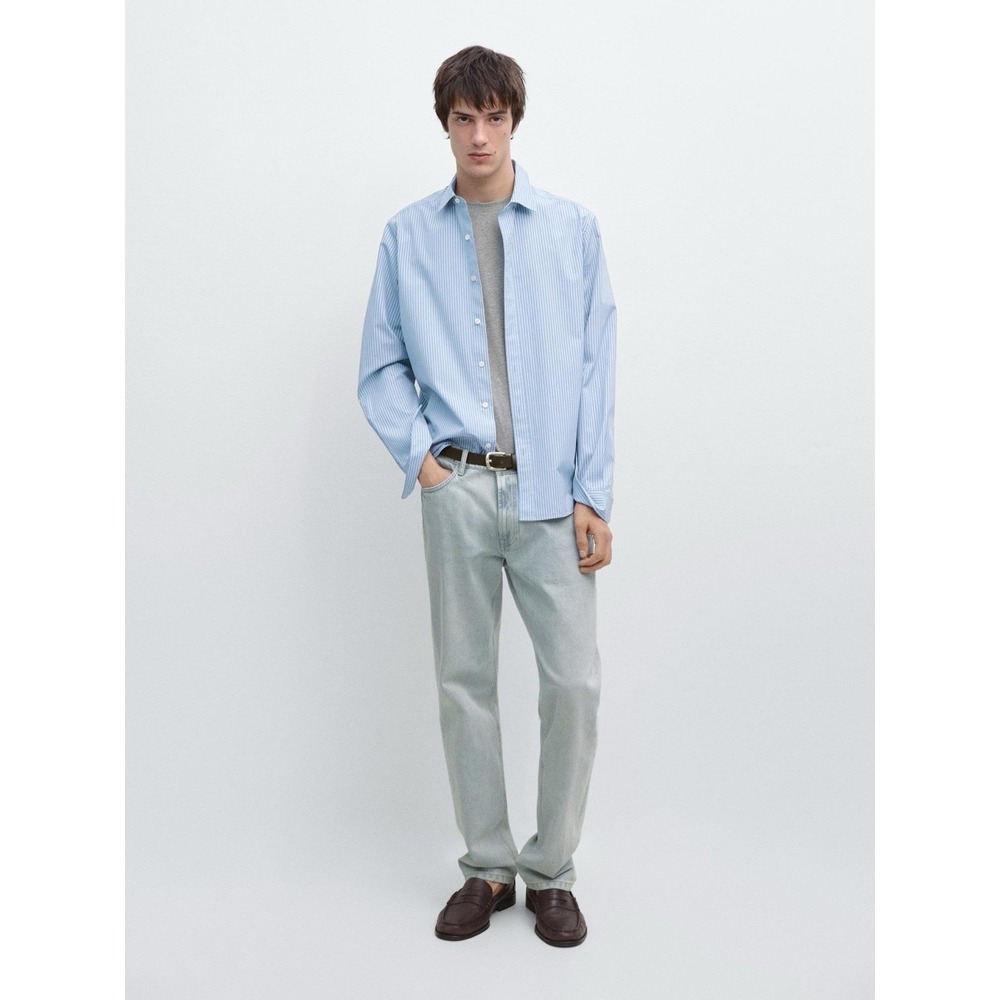 Massimo Dutti Blue White Striped Poplin Shirt XL Cotton Casual Fit